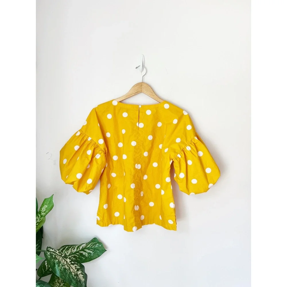 LOFT Polka Dot Blouse Yellow Puff Sleeve Retro Cotton Top Dopamine Mod Sunny M